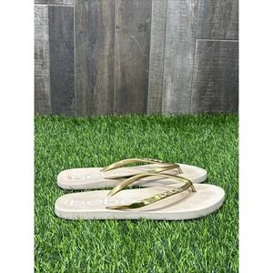 bebe Womens Sandals Size 7/8 Y2K Gold Thong Flip Flops Logo